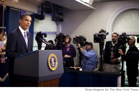 President Barack Obama speaks to reporters in the White House briefing room in Washington on Oct. 29, 2010. Obama spoke about a widening investigation into suspicious packages shipped to the United States by air from Yemen which the President said posed a credible threat against the U.S. (Drew Angerer/The New York Times)